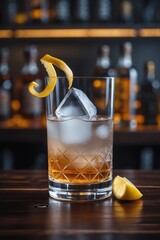 Craft Cocktail Served with Large Ice Cube and Citrus Garnish