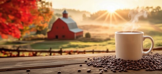Freshly brewed coffee cup with coffee beans on wooden table overlooking farm landscape