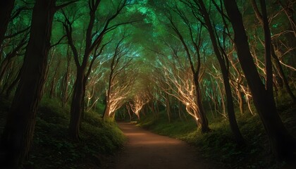 Magical Forest Path Illuminated by Dreamlike and Mystical Glowing Lights
