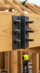 Close-up of Metal Joint Connecting Wooden Beams During House Construction