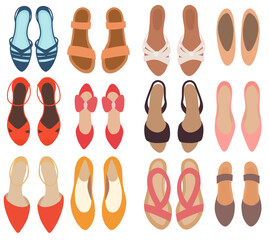 Vector set of various women s summer shoes. Flat colorful illustration of sandals and flats in modern minimal style.