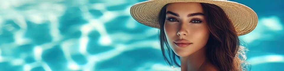 Fototapeta premium woman in a hat against the background of a swimming pool.