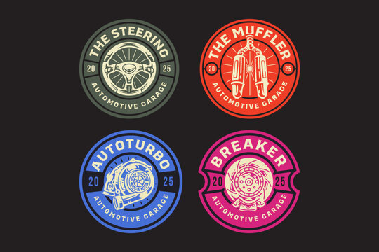 sportive steering wheel, double mufflers, auto turbo charger, disk breaker with breaker caliper retro badge logo vector design collection set for sport, automotive, garage, workshop, spare parts