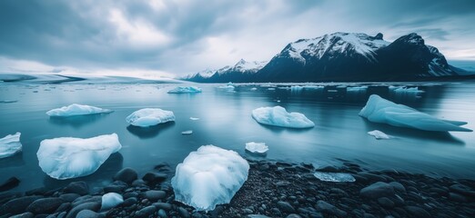 Stunning glacial landscape with icebergs floating in serene blue waters
