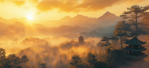Fototapeta premium Serene sunrise over misty mountains with traditional pagodas and lush trees