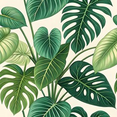 Vibrant Botanical Pattern with Monstera Leaves in Tropical Design Style