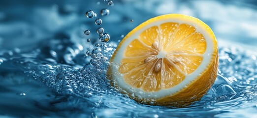 Fresh lemon slice splashing in water with bubbles and vibrant blue background