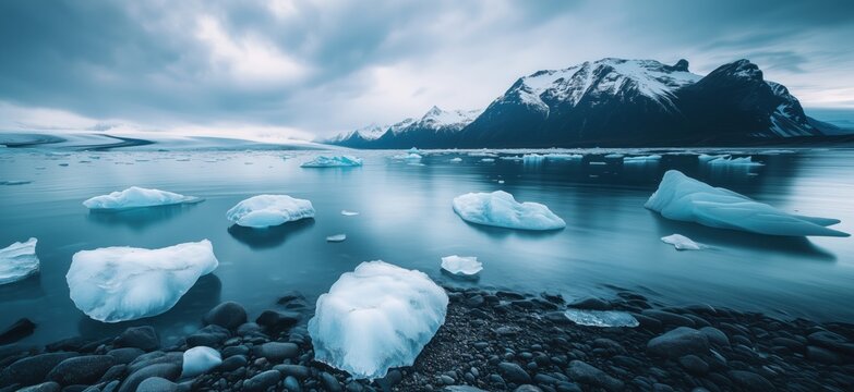 Stunning glacial landscape with icebergs floating in serene blue waters