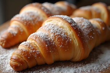 Two Croissants, Sprinkled with Powdered Sugar, Lie on a Wooden Board, Close-up