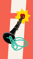 Hand made collage. Clarinet jumps through bright red lips into yellow star with abstract colorful lines, symbolizing powerful emotional expression. Pop art style. Concept of music and passion
