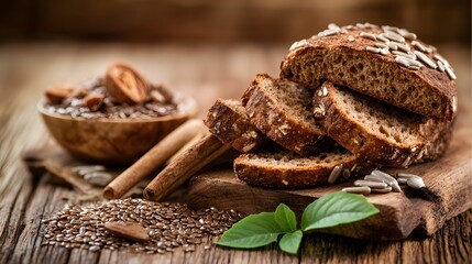 Artisan Whole Wheat Bread Slices with Flax Seeds and Sunflowers