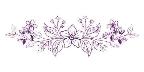 Floral linework divider illustration with violet flowers and leaves  