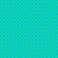 Repeating ornament, blue round shapes on green background, square