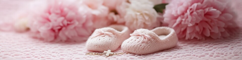 Baby baptism concept, baby girl baptism clothes, dress all in pink tones