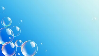 Soap Bubbles on the Left Side on a Blue Background, Gradient from Blue to Light Blue
