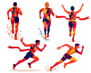 Marathon runner male silhouettes. Set of running people. Winning runner crossing fishing line. Runner celebrate victory
