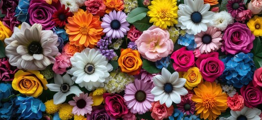 vibrant floral arrangement featuring diverse colorful flowers in full bloom