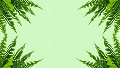 Abstract Pale Green Background with Fern Leaves at Four Corners, Monotonous, Bright Colors