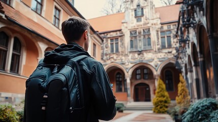 Tourist explores the historical charm of Wroclaw, Poland architecture