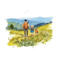 Family hiking adventure in a mountainous landscape with vibrant flowers during a sunny day