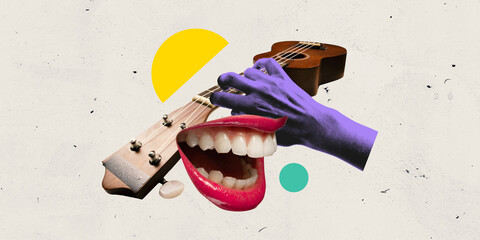 Graphic artwork. Purple hand plays ukulele neck while open red lips sing below on creamy background with geometric dots. Abstract art style. Concept of carnival, singing and personal expression.