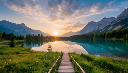 Sunrise over Distant Mountains, Reflecting Lake and Wooden Path, Summer Landscape