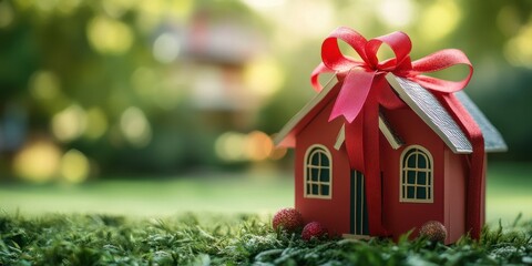 Dream Home: A charming miniature house, elegantly adorned with a bright red bow, symbolizing a gift of home ownership, stands amidst a backdrop of lush greenery.