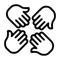 An (outline style) illustration of four stylized hands, symbolizing unity, collaboration, teamwork, and community. Each hand is positioned with fingers together, pointing inwards towards central point