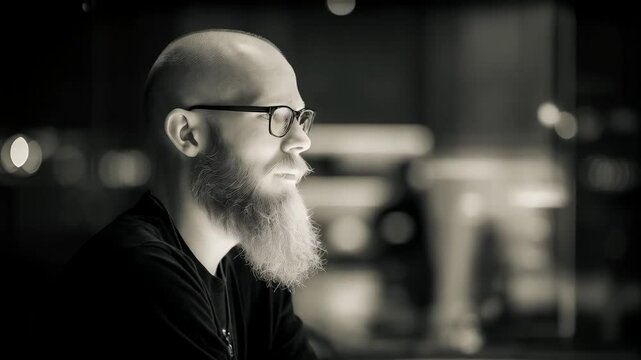 Side profile of bald man with eyeglasses and a long beard looking thoughtfully to the side in a monochrome black and white portrait.