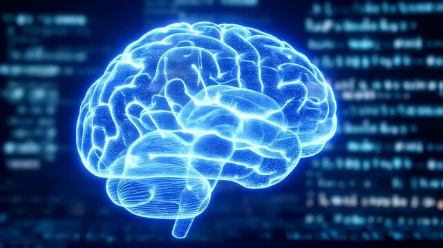 Glowing Blue Brain Hologram Against Digital Code Background