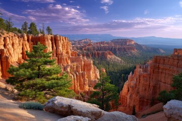 Vibrant sandstone rock formations bathed in the warm glow of early morning light under a beautiful