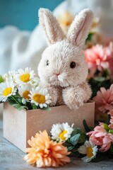 beautiful gift box and flowers and a soft bunny.gift