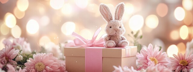 beautiful gift box and flowers and a soft bunny.gift