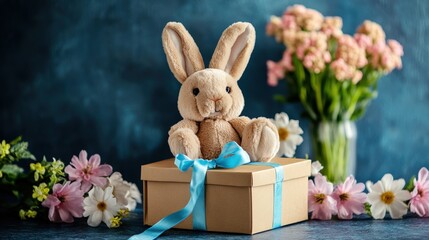 beautiful gift box and flowers and a soft bunny.gift
