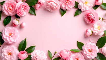 an elegant floral arrangement composed of pink roses adorned with green leaves, arranged neatly in a long, rectangular pattern against a soft pink background.