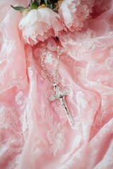 Baby baptism concept, baby girl baptism clothes, dress all in pink tones