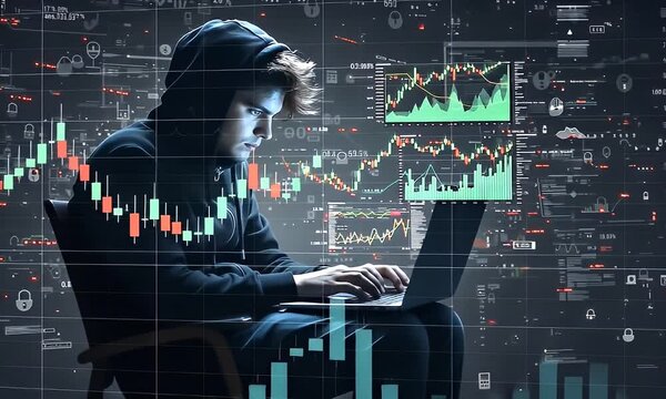 Hacker trading stocks on laptop at night