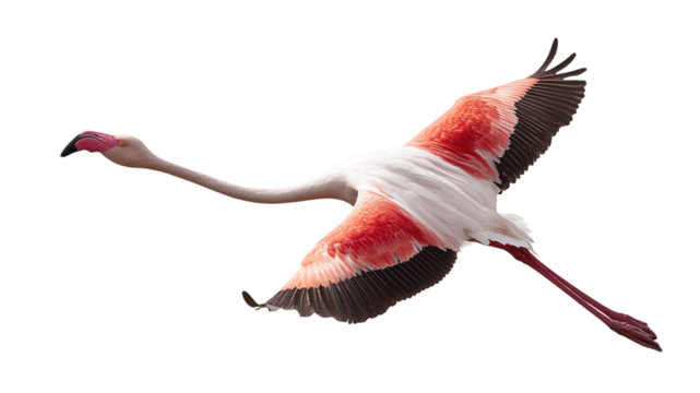 A flamingo flying isolated on transparent background, real photo, stock photography, high resolution