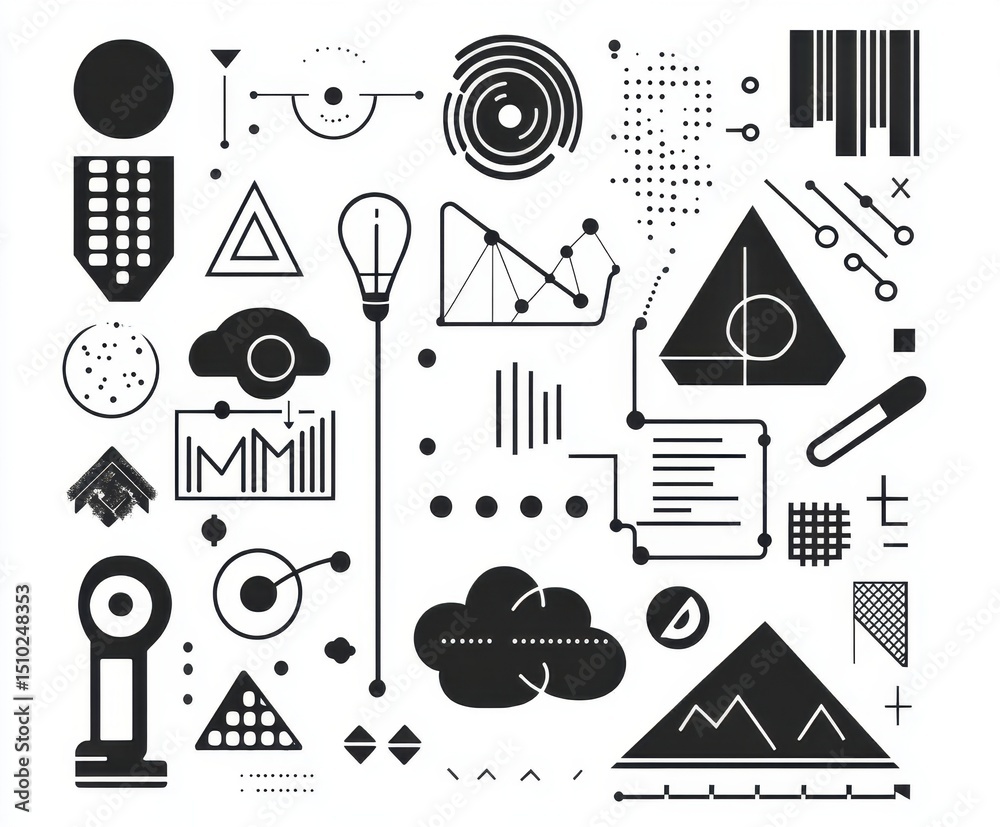 Poster geometric abstraction: an array of abstract geometric shapes and symbols, arranged in a visually str