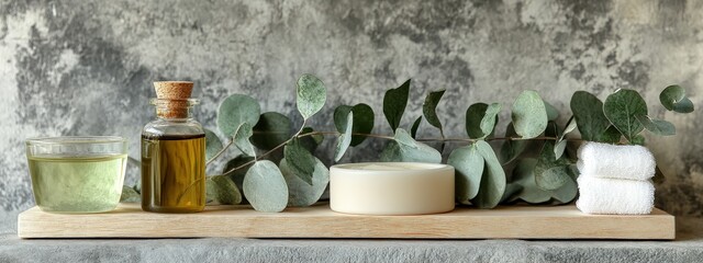 Aromatherapy. Essential oils, flowers, eucalyptus leaves, mortar