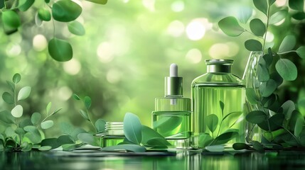 Aromatherapy. Essential oils, flowers, eucalyptus leaves, mortar