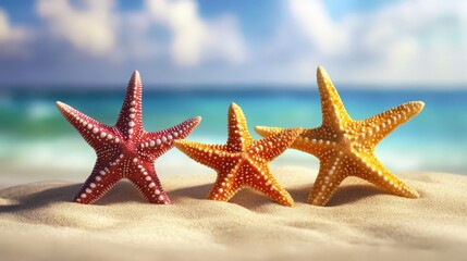 Starfish on sandy beach in clear sea water. Summer background.