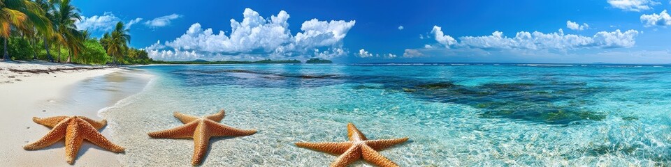 Starfish on sandy beach in clear sea water. Summer background.