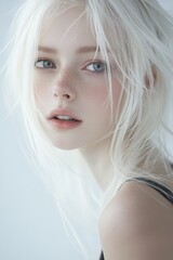 young beautiful model with white hair on a white background.