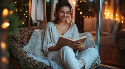 Beautiful young woman on the balcony reading a book. Relaxation.