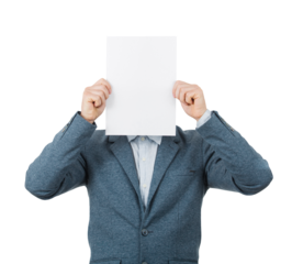 Businessman covers face using a blank paper sheet, like a mask for hiding the true emotion. Private life personality and identity concept. Transparent background