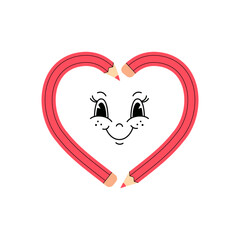  Red pencils forming a heart shape with a smiling cartoon face