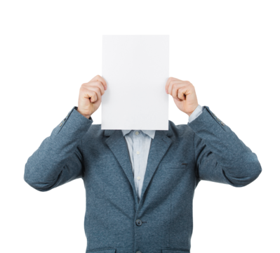 Businessman covers face using a blank paper sheet, like a mask for hiding the true emotion. Private life personality and identity concept. Transparent background