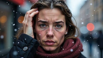 A woman on the street in winter holds her head with her hand because of a migraine
