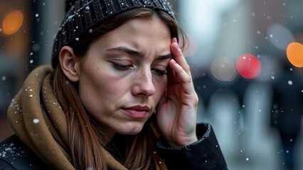 A woman on the street in the snow holds her head with her hand from a migraine, looking down